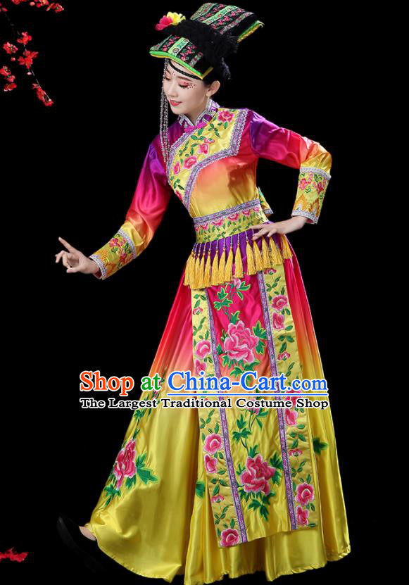 Chinese Yi Nationality Female Dance Dress Outfits Sichuan Minority Folk Dance Clothing Ethnic Torch Festival Performance Costumes