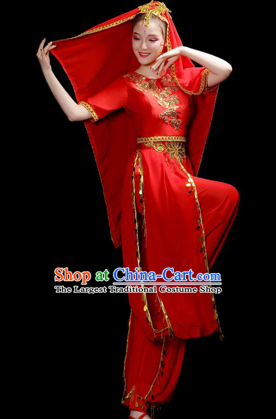 Chinese Xinjiang Minority Folk Dance Clothing Ethnic Festival Performance Costumes Indian Dance Red Dress Outfits