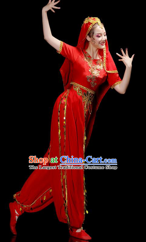 Chinese Xinjiang Minority Folk Dance Clothing Ethnic Festival Performance Costumes Indian Dance Red Dress Outfits