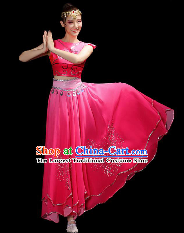 Chinese Uyghur Nationality Dance Rosy Dress Outfits Xinjiang Minority Folk Dance Clothing Uighur Ethnic Festival Performance Costumes