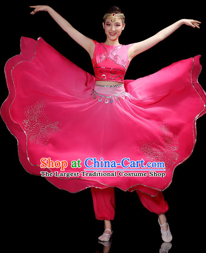 Chinese Uyghur Nationality Dance Rosy Dress Outfits Xinjiang Minority Folk Dance Clothing Uighur Ethnic Festival Performance Costumes