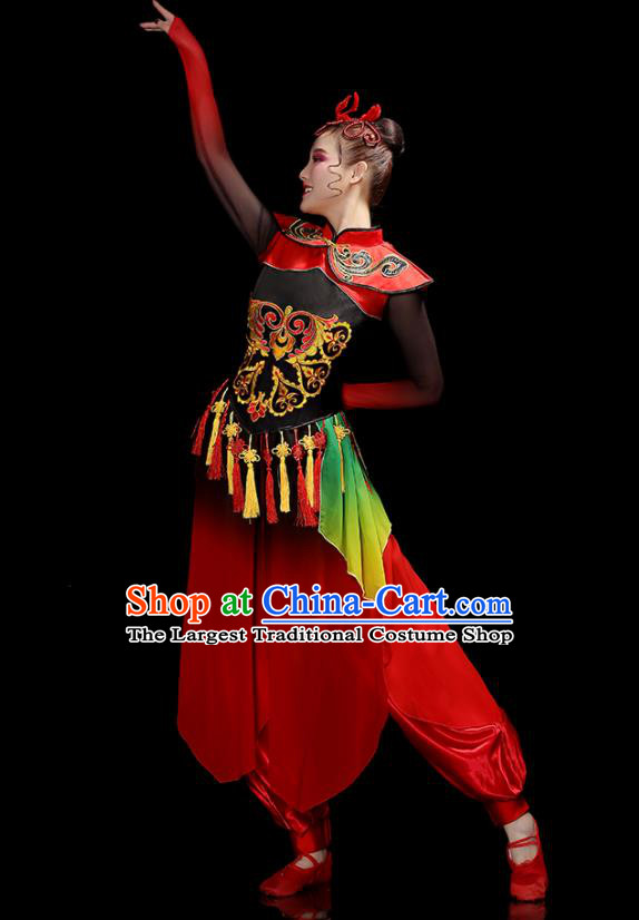 Chinese Women Group Drum Dance Clothing Traditional Fan Dance Red Outfits Folk Dance Costumes Yangko Performance Apparels