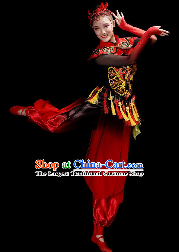 Chinese Women Group Drum Dance Clothing Traditional Fan Dance Red Outfits Folk Dance Costumes Yangko Performance Apparels