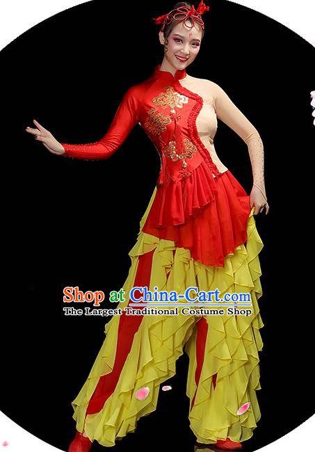Chinese Folk Dance Costumes Yangko Performance Apparels Women Group Drum Dance Clothing Traditional Lion Dance Red Outfits