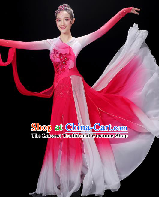 China Palace Fan Dance Rosy Dress Outfits Woman Jasmine Flower Dancewear Classical Dance Clothing Umbrella Dance Garment Costumes