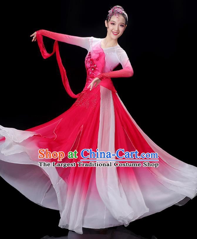 China Palace Fan Dance Rosy Dress Outfits Woman Jasmine Flower Dancewear Classical Dance Clothing Umbrella Dance Garment Costumes