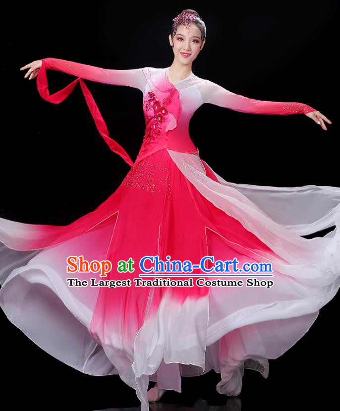 China Palace Fan Dance Rosy Dress Outfits Woman Jasmine Flower Dancewear Classical Dance Clothing Umbrella Dance Garment Costumes