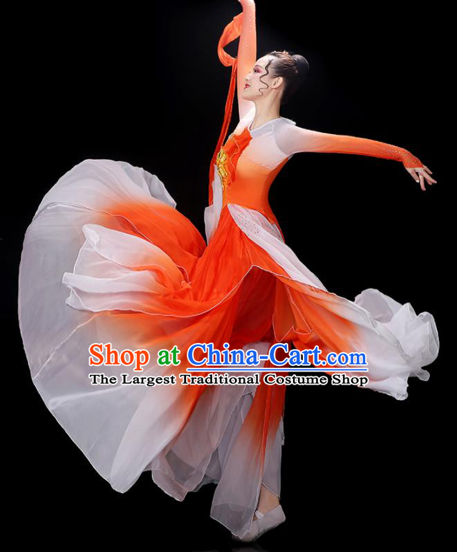 China Umbrella Dance Garment Costumes Palace Fan Dance Orange Dress Outfits Woman Jasmine Flower Dancewear Classical Dance Clothing