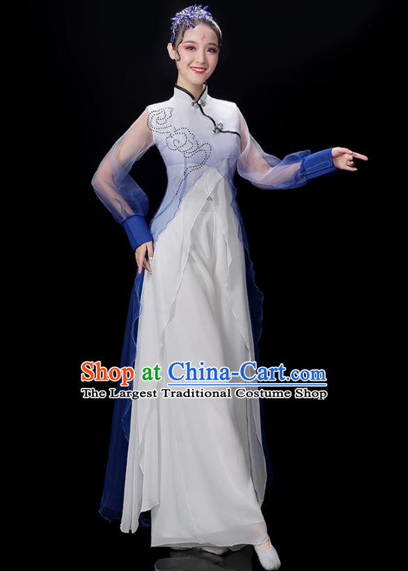 China Group Fan Performance Blue Outfits Woman Dancewear Classical Dance Clothing Umbrella Dance Garment Costumes