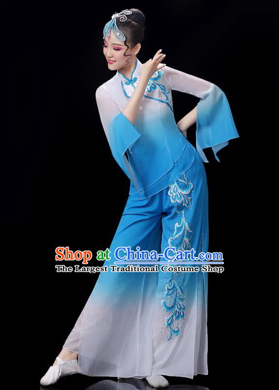 Chinese Women Group Dance Clothing Traditional Fan Dance Blue Outfits Folk Dance Costumes Yangko Dance Performance Apparels