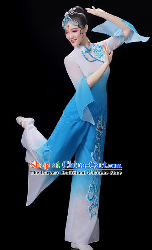Chinese Women Group Dance Clothing Traditional Fan Dance Blue Outfits Folk Dance Costumes Yangko Dance Performance Apparels