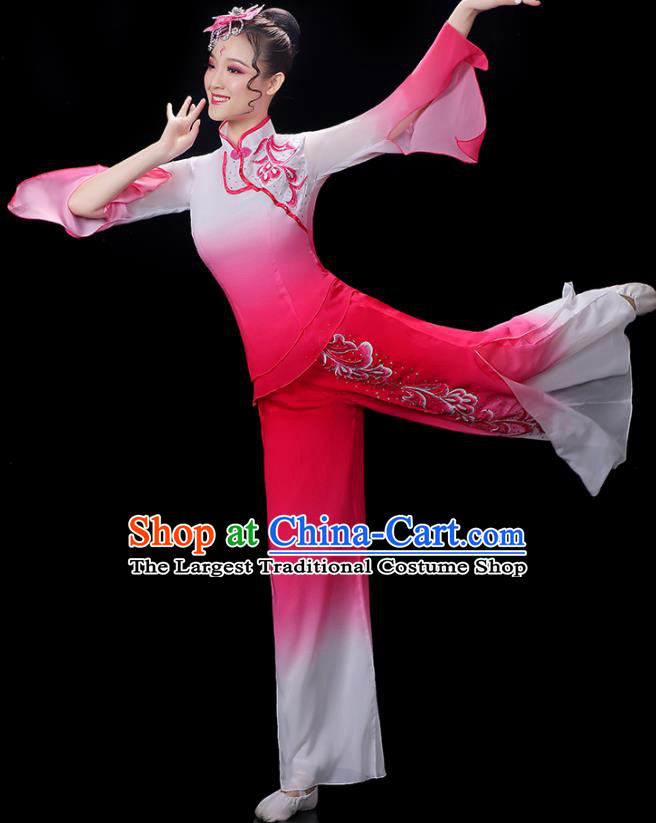 Chinese Yangko Dance Performance Apparels Women Group Dance Clothing Traditional Fan Dance Rosy Outfits Folk Dance Costumes