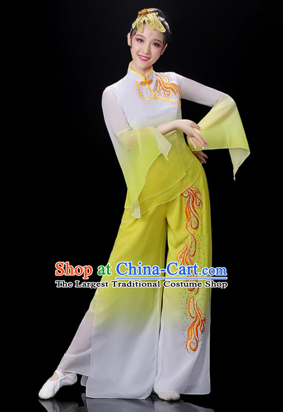 Chinese Folk Dance Costumes Yangko Dance Performance Apparels Women Group Dance Clothing Traditional Fan Dance Yellow Outfits