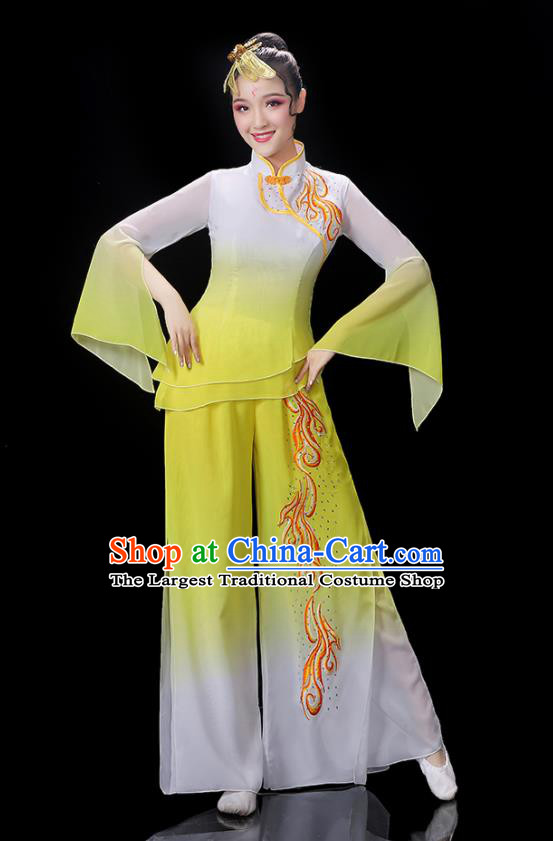 Chinese Folk Dance Costumes Yangko Dance Performance Apparels Women Group Dance Clothing Traditional Fan Dance Yellow Outfits