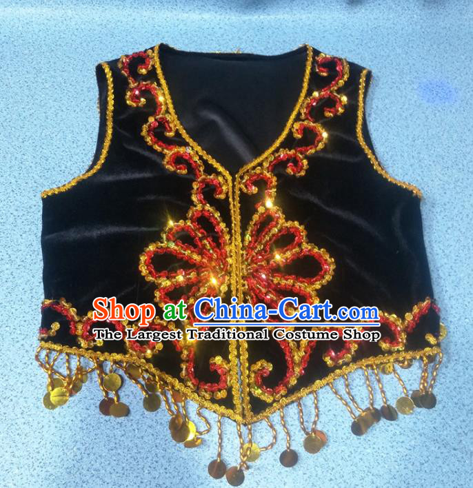 Chinese Ethnic Woman Dancewear Uighur Nationality Woman Black Embroidered Vest Uyghur Minority Dance Waistcoat Clothing