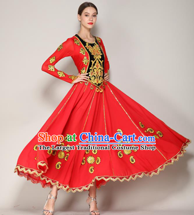 Chinese Uighur Nationality Woman Dance Red Dress Uyghur Minority Dancewear Xinjiang Ethnic Performance Clothing