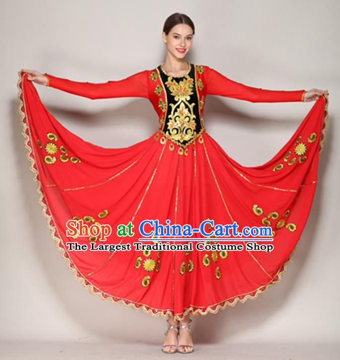 Chinese Uighur Nationality Woman Dance Red Dress Uyghur Minority Dancewear Xinjiang Ethnic Performance Clothing