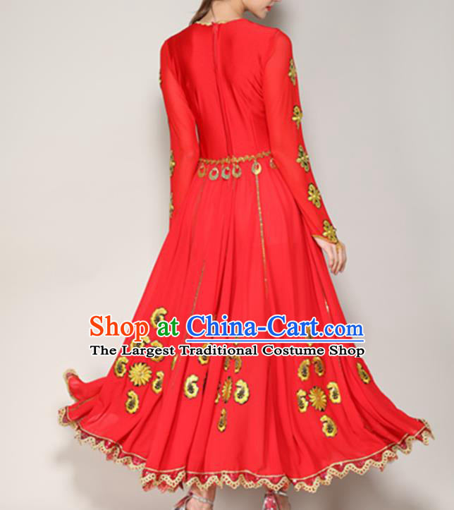 Chinese Uighur Nationality Woman Dance Red Dress Uyghur Minority Dancewear Xinjiang Ethnic Performance Clothing