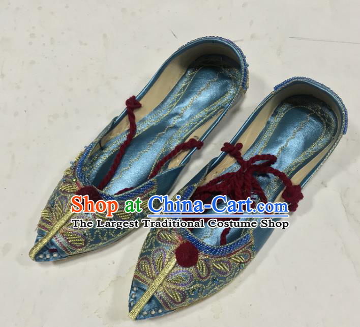 Handmade India Folk Dance Shoes Indian Embroidery Blue Leather Shoes Asian Female Shoes Wedding Bride Shoes