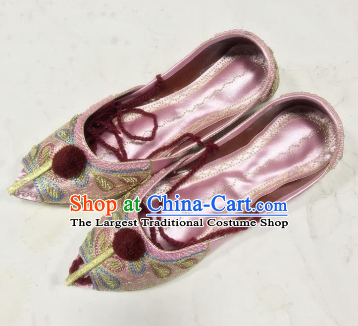 Handmade Indian Folk Dance Shoes Embroidery Shoes Asian Nepal Shoes India Female Pink Leather Shoes