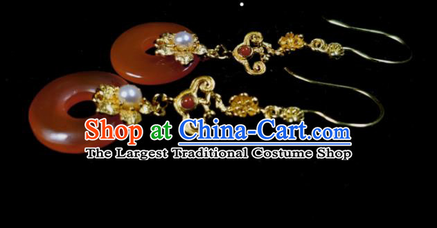 Handmade Chinese Qing Dynasty Imperial Consort Eardrop Traditional Agate Ring Ear Accessories National Pearls Earrings Cheongsam Ear Jewelry