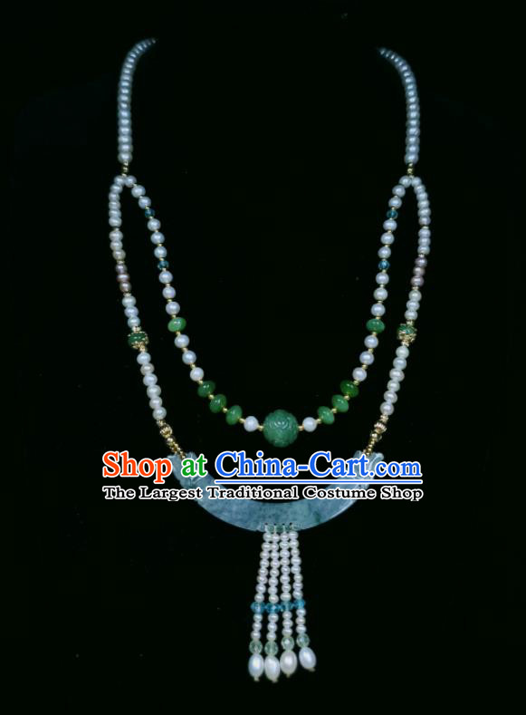 China Ancient Imperial Consort Necklace Accessories Qing Dynasty Pearls Tassel Necklet Handmade Jade Jewelry