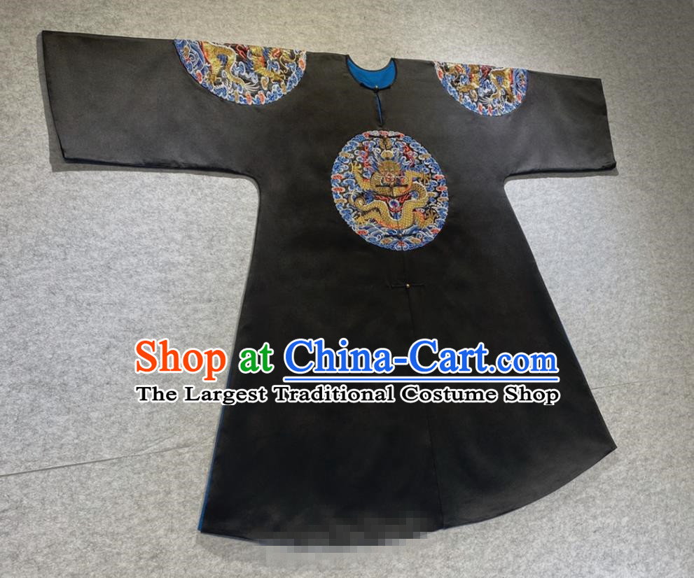Chinese Qing Dynasty Garment Costumes Traditional Manchu Male Official Robe Ancient Royal Highness Black Imperial Gown