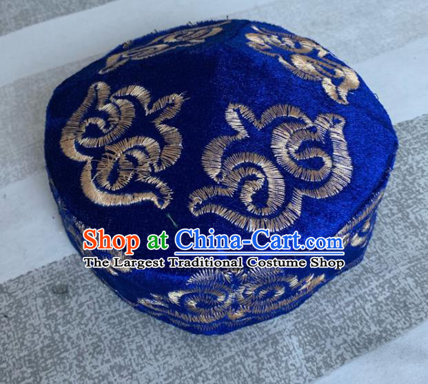 Chinese Kazak Nationality Dance Blue Pleuche Hat Xinjiang Kazakh Minority Male Headdress Ethnic Stage Performance Headwear