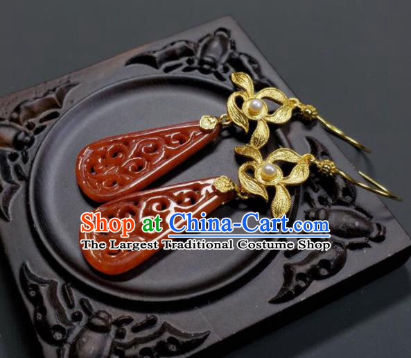 Handmade Chinese Agate Ear Accessories National Golden Orchid Earrings Traditional Cheongsam Ear Jewelry Qing Dynasty Court Eardrop