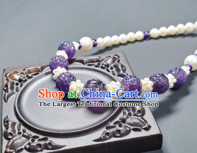 China Handmade Amethyst Jewelry Ancient Palace Lady Necklace Accessories Qing Dynasty Empress Pearls Necklet