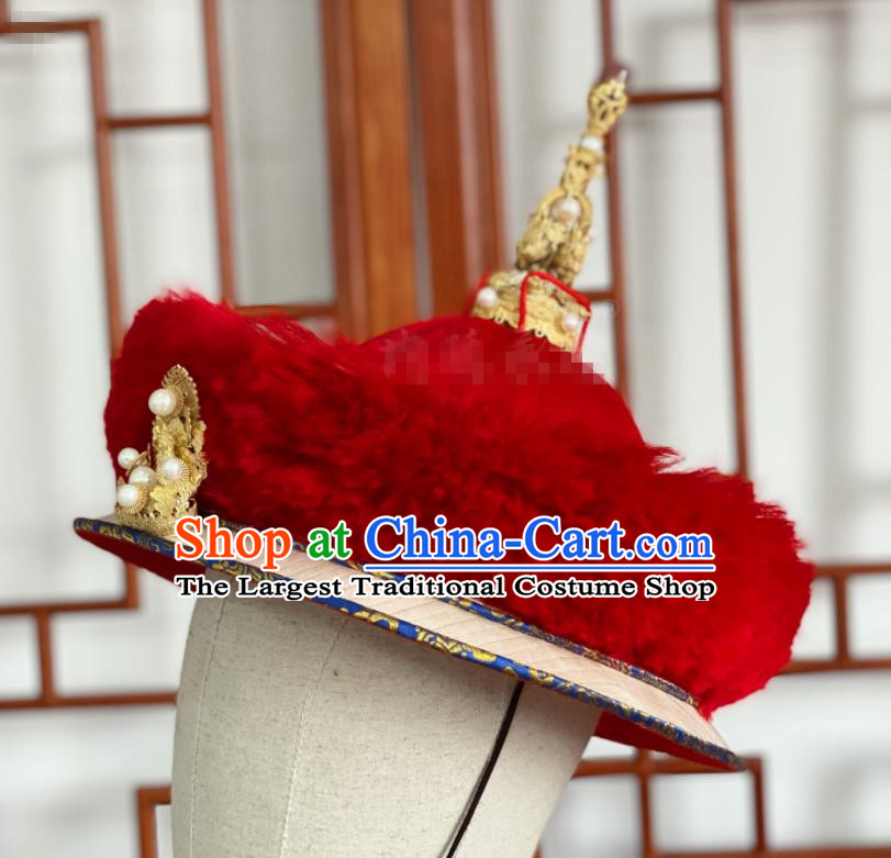 China Qing Dynasty Majesty Lord Headdress Ancient Emperor Pearls Hat Traditional Manchu King Kangxi Headwear for Men