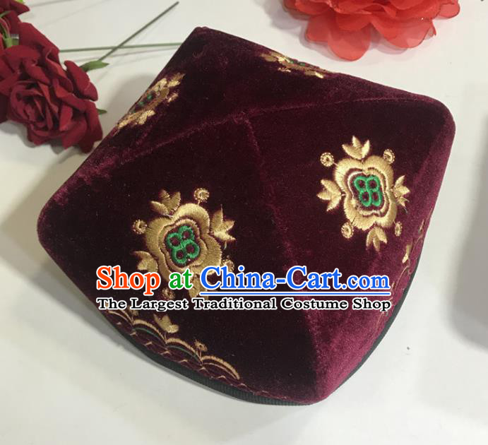 Chinese Xinjiang Ethnic Male Embroidered Wine Red Pleuche Headwear Uyghur Nationality Square Hat Uighur Minority Performance Headdress