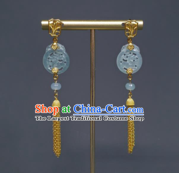 Handmade Chinese Qing Dynasty Court Eardrop Golden Tassel Ear Accessories National Jade Earrings Traditional Cheongsam Ear Jewelry