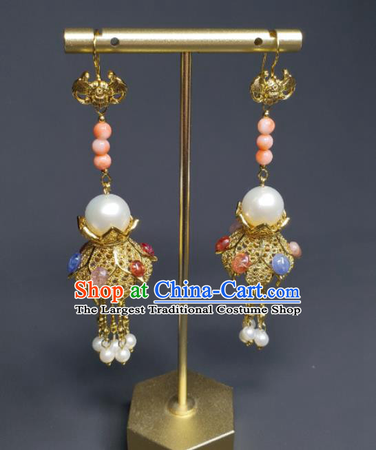 Handmade Chinese Qing Dynasty Eardrop Golden Lotus Lantern Ear Accessories National Pearls Tassel Earrings Traditional Cheongsam Ear Jewelry