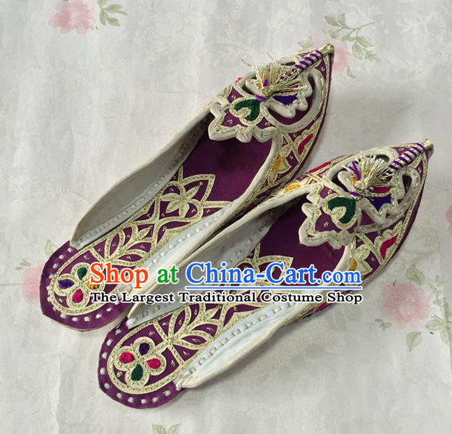 Handmade Indian Wedding Bride Shoes Asian Nepal Bride Shoes India Embroidery Pointed Shoes Female Purple Leather Slippers