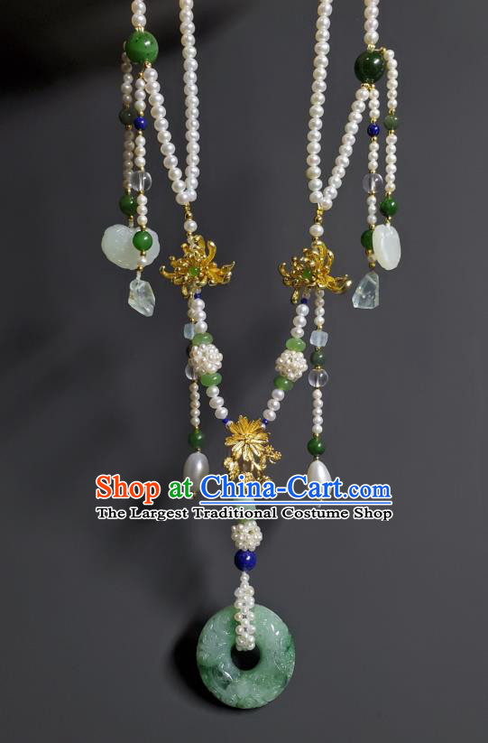 China Qing Dynasty Empress Jadeite Carving Necklet Handmade Pearls Tassel Jewelry Ancient Imperial Consort Necklace Accessories