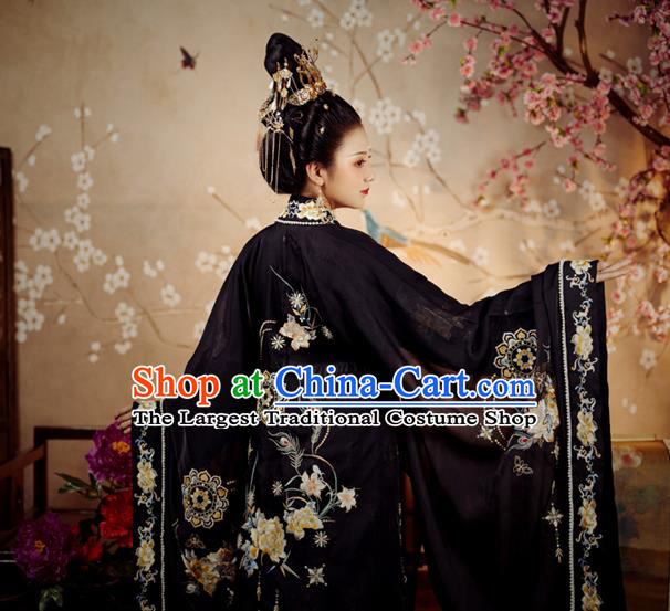 China Ancient Empress Garment Costumes Traditional Embroidery Black Hanfu Dress Tang Dynasty Court Countess Historical Clothing