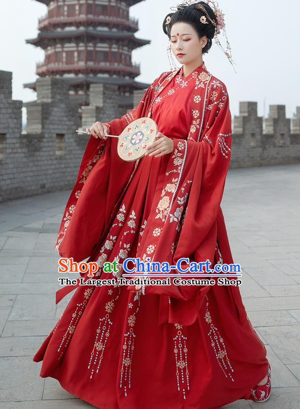 China Han Dynasty Royal Princess Historical Clothing Ancient Wedding Garment Costumes Traditional Court Beauty Embroidery Red Hanfu Dresses