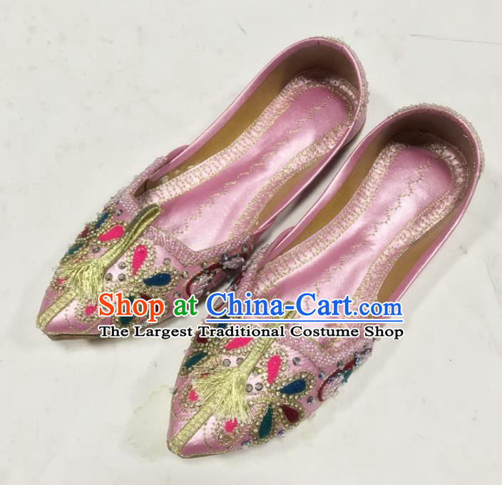 Handmade India Wedding Bride Shoes Folk Dance Shoes Asian Female Embroidered Shoes Indian Dance Pink Leather Shoes