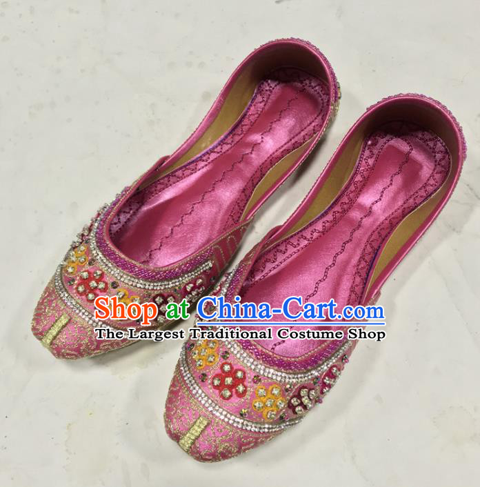Handmade Indian Female Rosy Leather Shoes India Wedding Bride Shoes Folk Dance Shoes Asian Embroidered Shoes