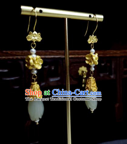 Handmade Chinese Cheongsam Ear Accessories National Jade Mangnolia Earrings Traditional Ear Jewelry Qing Dynasty Court Woman Eardrop