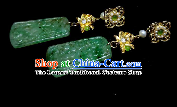 Handmade Chinese Traditional Lotus Ear Jewelry Qing Dynasty Court Woman Eardrop Cheongsam Pearls Ear Accessories National Jade Earrings