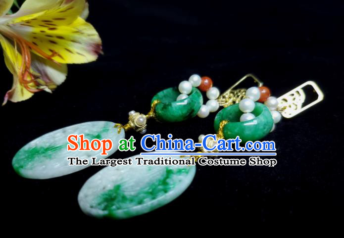 Handmade Chinese National Jade Earrings Traditional Pearls Ear Jewelry Qing Dynasty Court Woman Eardrop Cheongsam Ear Accessories
