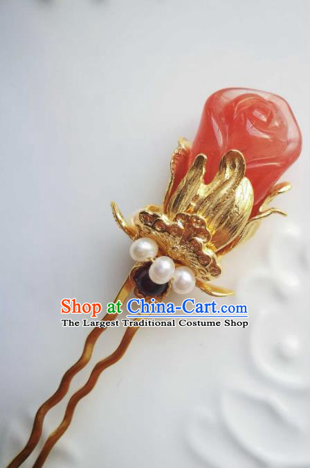 Chinese Ancient Princess Agate Mangnolia Hairpin Traditional Hair Accessories Handmade Qing Dynasty Imperial Consort Pearls Hair Stick