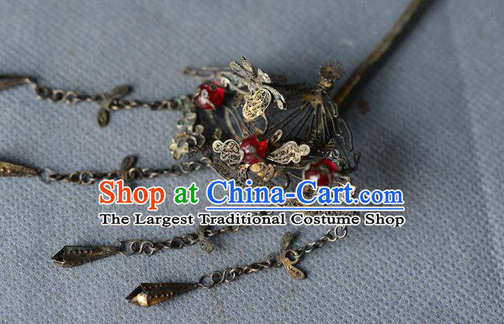 Chinese Traditional Tassel Hair Accessories Handmade Qing Dynasty Silver Hair Stick Ancient Princess Gems Hairpin