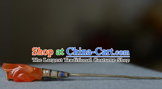Chinese Traditional Agate Mangnolia Hair Accessories Handmade Qing Dynasty Princess Hair Stick Ancient Palace Lady Cloisonne Silver Hairpin