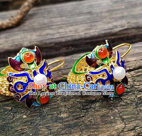 Handmade Chinese Qing Dynasty Court Ear Accessories National Cloisonne Earrings Traditional Filigree Eardrop Cheongsam Pearl Ear Jewelry