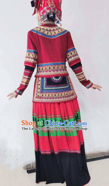 Chinese Yi Ethnic Group Garment Costumes Da Liangshan Nationality Festival Dress National Minority Female Dance Red Uniforms