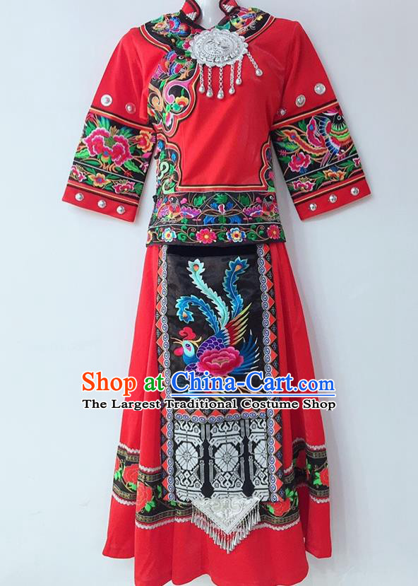 Chinese Sichuan Nationality Festival Dress Tujia National Minority Wedding Red Uniforms Yi Ethnic Group Female Garment Costumes