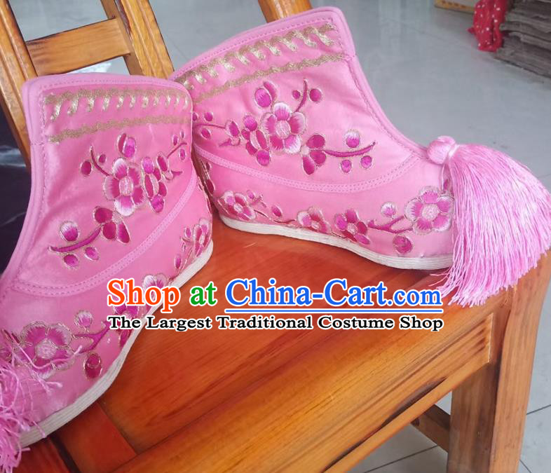 China Ancient Swordswoman Embroidered Pink Boots Kun Opera Actress Shoes Beijing Opera Hua Tan Shoes